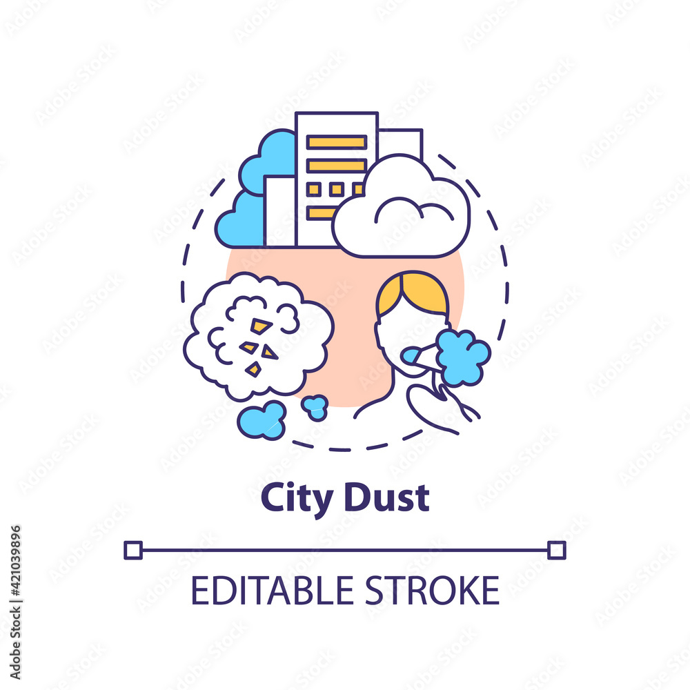City dust concept icon.Toxic smog idea thin line illustration. Microplastics sources. Harmful pollution. Negative impact. Climate change. Vector isolated outline RGB color drawing. Editable stroke City dust concept icon.Toxic smog idea thin line illustration. Microplastics sources. Harmful pollution. Negative impact. Climate change. Vector isolated outline RGB color drawing. Editable stroke