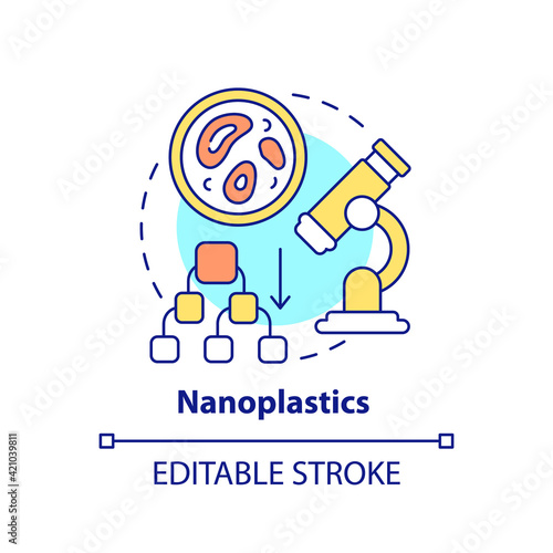 Nanoplastics concept icon. Ecology idea thin line illustration. Harmful plastic pollution. Microplastic particles under microscope. Vector isolated outline RGB color drawing. Editable stroke