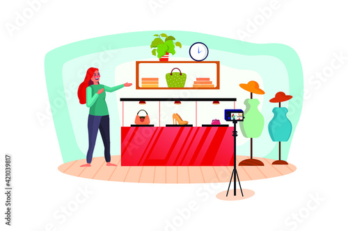Beauty blogger selling fashion online. Blogger girl review product and talking camera live recording video on social network at home. Online selling clothes on social media