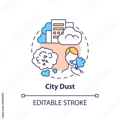 City dust concept icon.Toxic smog idea thin line illustration. Microplastics sources. Harmful pollution. Negative impact. Climate change. Vector isolated outline RGB color drawing. Editable stroke