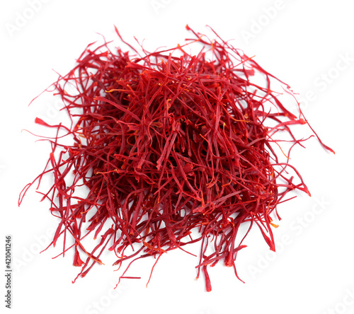 Pile of dried saffron isolated on white, top view