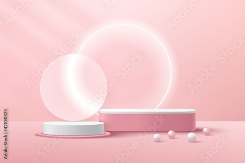 Abstract white cylinder pedestal podium, Light pink empty room with transparent glass ring, Pink and white sphere. Vector rendering 3d shape, Product display presentation. Pastel room minimal scene.