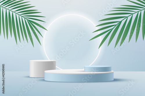Abstract white cylinder pedestal podium, Light blue empty room with green palm leaf, Shine neon ring backdrop. Vector rendering 3d shape, Product display presentation. Pastel room minimal wall scene.