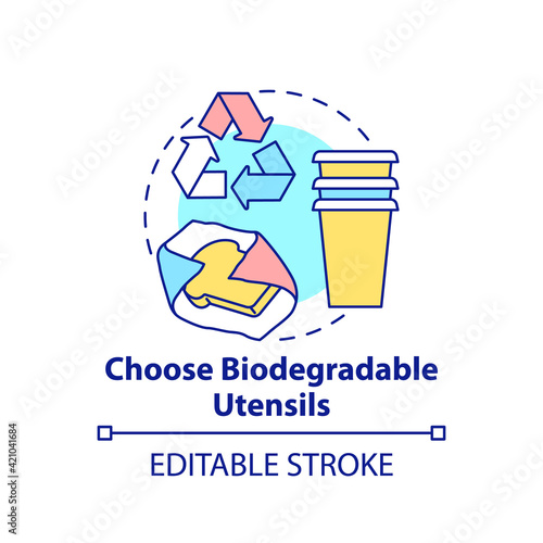 Choose biodegradable utensils concept icon. Avoiding microplastics tips idea thin line illustration. Environmental responsibility Vector isolated outline RGB color drawing. Editable stroke