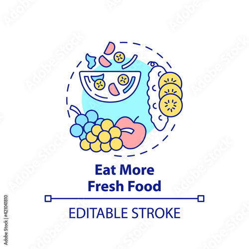 Eat more fresh food concept icon. Avoiding microplastics tips idea thin line illustration. Healthy lifestyle. Vegetables and fruits. Vector isolated outline RGB color drawing. Editable stroke