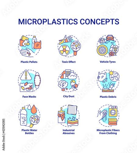 Microplastics concept icons set. Top environmental challenges idea thin line RGB color illustrations. Avoiding microplastics tips. Global warming. Vector isolated outline drawings. Editable stroke