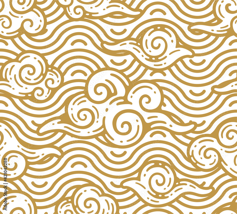 seamless pattern of clouds with sea ornament in doodle outline style seamless pattern of clouds with sea ornament in doodle outline style