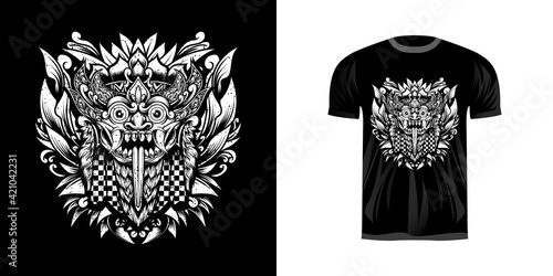 line art illustration leak bali for tshirt design, emblem character engraving ornament