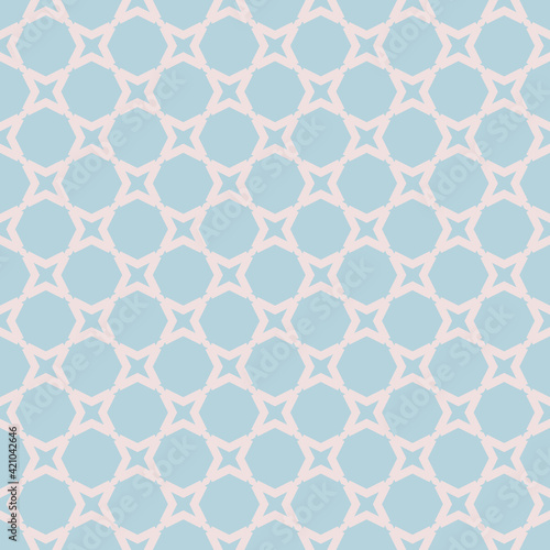 Vector abstract geometric seamless pattern. Simple ornament with small net, grid, lattice, mesh, geometrical shapes. Abstract background in light blue and lilac color. Subtle repeat decorative design