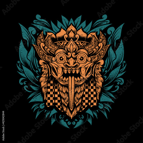 retro illustration leak bali for tshirt design, emblem character engraving ornament