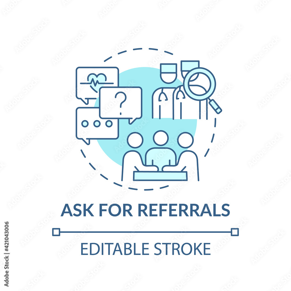 Ask for referrals blue concept icon. Professional clinical help. Find expert therapist. Choose family doctor idea thin line illustration. Vector isolated outline RGB color drawing. Editable stroke