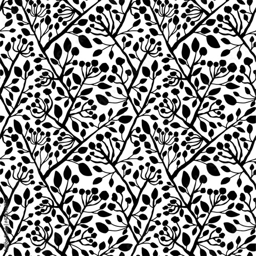 Black and white floral seamless pattern vector. Hand drawn branches with leaves and flowers endless texture. Monochrome inflorescences black silhouettes on white surface design. One of a series
