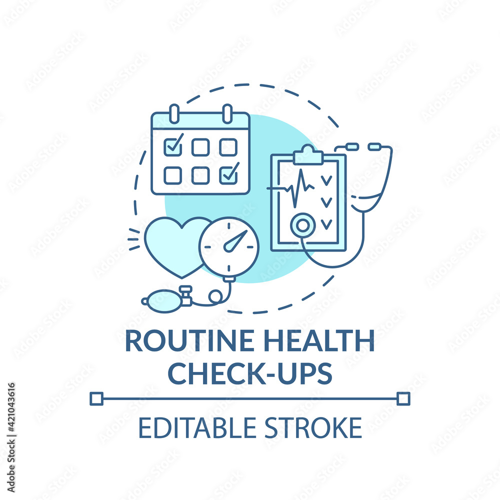 Routine health checkups blue concept icon. Patient examination. Clinical check. Hospital service. Family doctor idea thin line illustration. Vector isolated outline RGB color drawing. Editable stroke