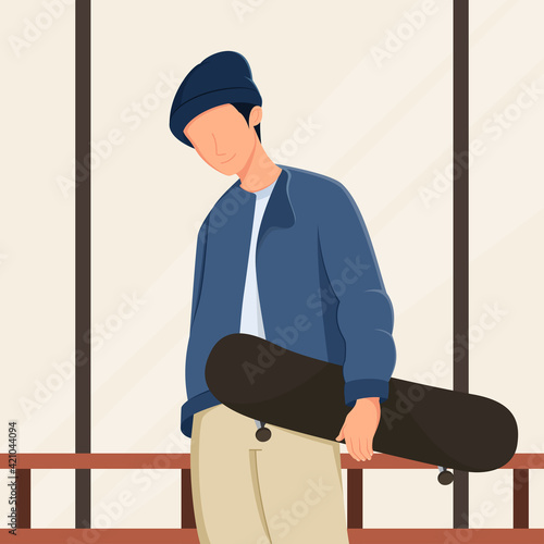 a man holding a skateboard. smiling lips. glass window background. vector illustration