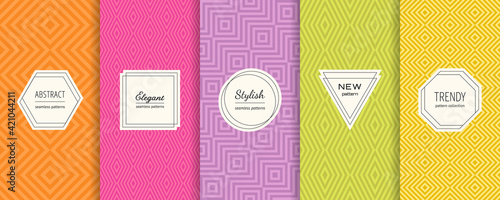 Vector geometric line seamless patterns collection. Set of bright colorful background swatches with modern labels. Cute abstract textures. Minimal design. Orange, pink, purple, green, yellow color