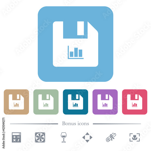 File statistics flat icons on color rounded square backgrounds