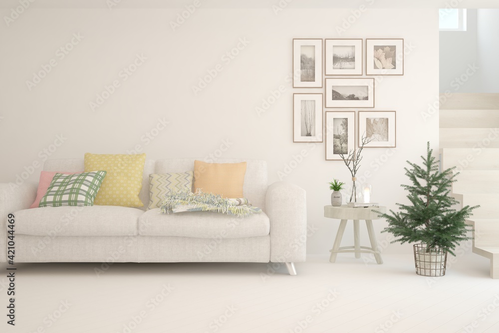 Fototapeta premium White living room with sofa. Scandinavian interior design. 3D illustration