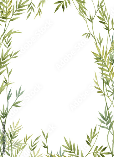 Frame template for card with watercolor green leaves