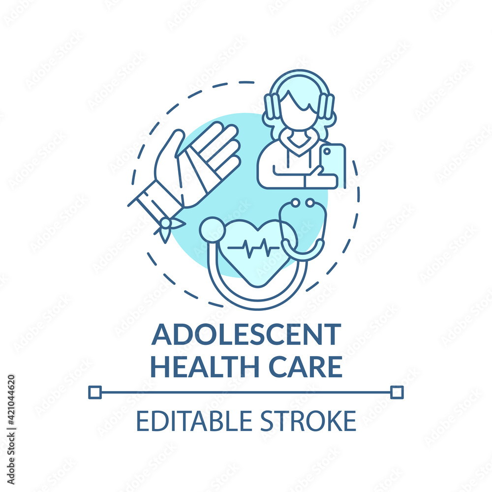 Adolescent health care blue concept icon. Professional medical support for teenage patient. Family doctor idea thin line illustration. Vector isolated outline RGB color drawing. Editable stroke