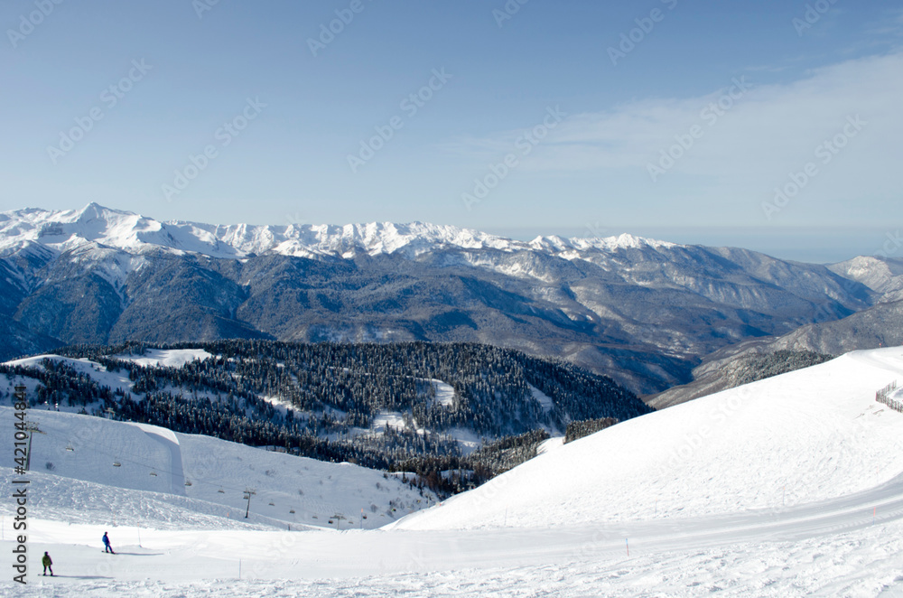 Obraz premium View from the top of the Caucasus mountains in the ski resort Rosa Khutor Russia