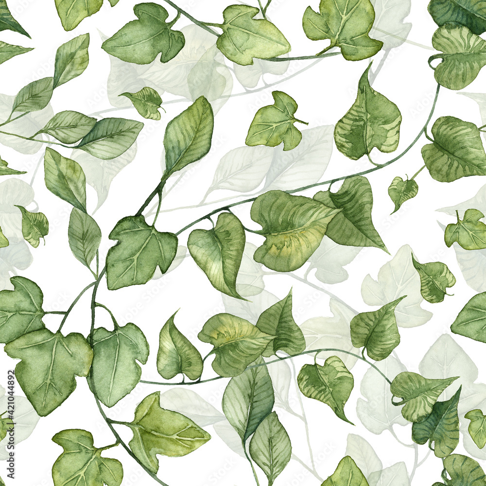 Fototapeta Seamless pattern with watercolor ivy