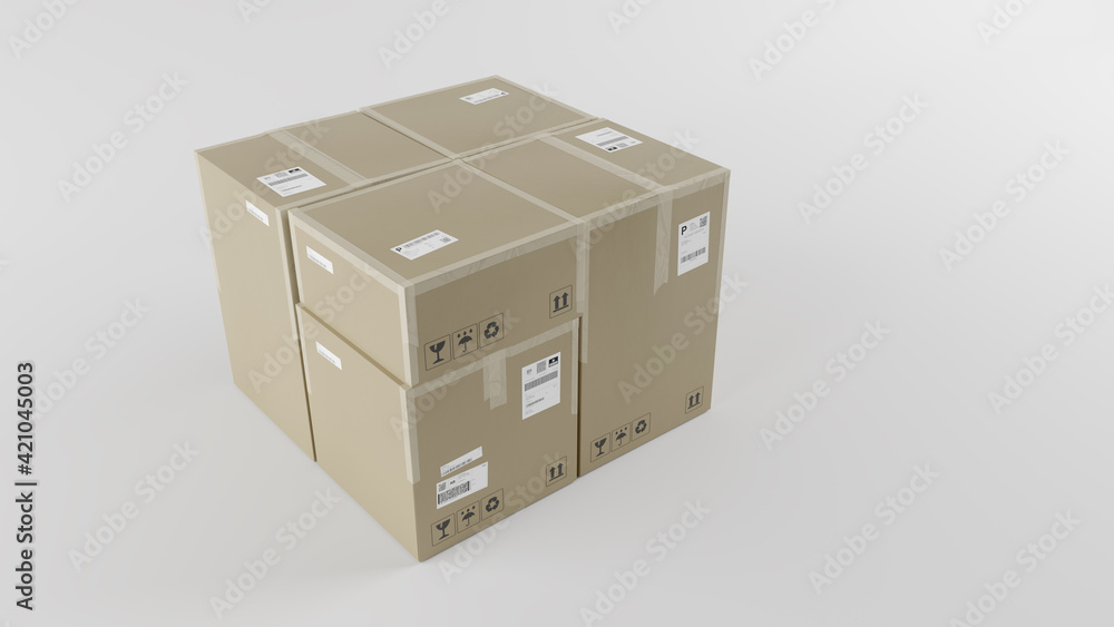 Pile of Cardboard Boxes For Package, Shipping and Delivery, Organized, With Signs and Labels, White Background, Isometric Perspective, 3D Illustration Pile of Cardboard Boxes For Package, Shipping and Delivery, Organized, With Signs and Labels, White Background, Isometric Perspective, 3D Illustration