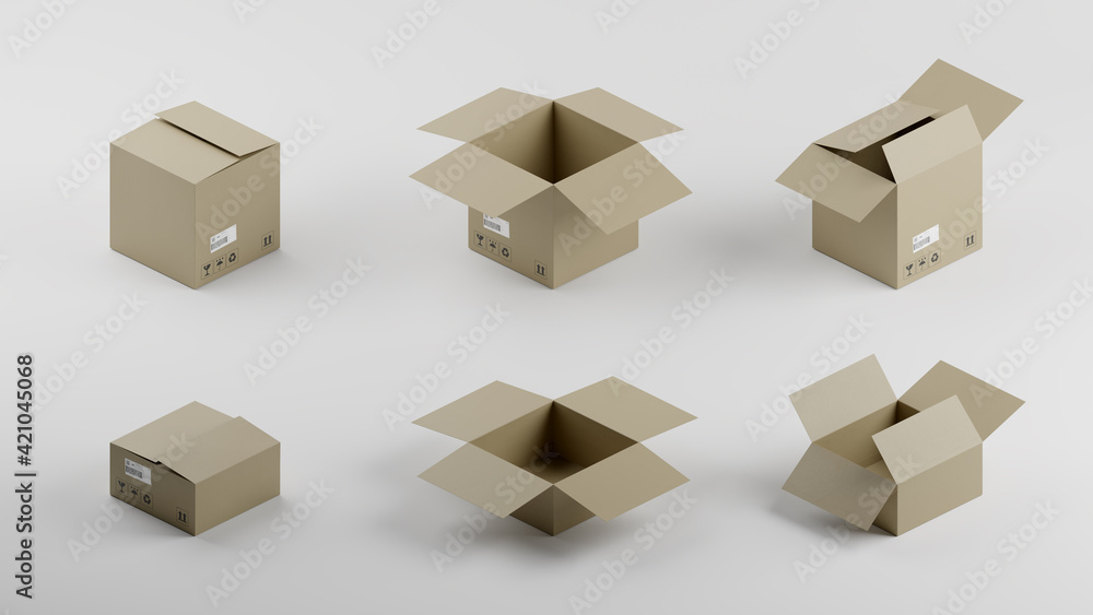 Set of Cardboard Boxes For Package, Shipping and Delivery, With Signs and Labels, Opened and Closed Versions, White Background, Isometric Perspective, 3D Illustration
