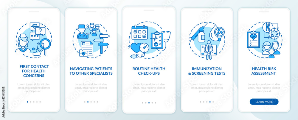 Family doctor tasks blue onboarding mobile app page screen with concepts. Healthcare walkthrough 5 steps graphic instructions. UI, UX, GUI vector template with linear color illustrations