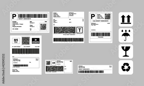 Barcode Label Delivery Template + Set of Cargo Icons, Fragile, Recycle, Stickers photo