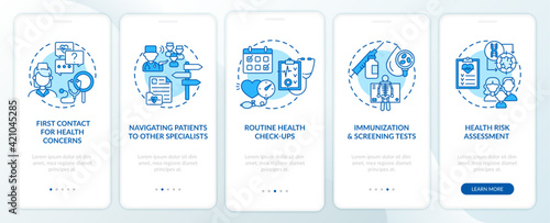 Family doctor tasks blue onboarding mobile app page screen with concepts. Healthcare walkthrough 5 steps graphic instructions. UI, UX, GUI vector template with linear color illustrations