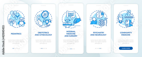 Family medicine components blue onboarding mobile app page screen with concepts. Healthcare walkthrough 5 steps graphic instructions. UI, UX, GUI vector template with linear color illustration