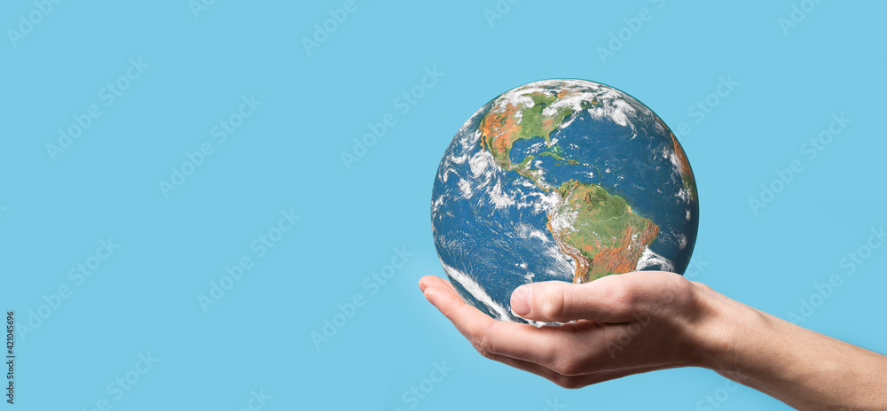 3D Earth planet globe in man, woman hand, hands on blue background. Environmental protection concept. Elements of this image furnished by NASA 3D Earth planet globe in man, woman hand, hands on blue background. Environmental protection concept. Elements of this image furnished by NASA