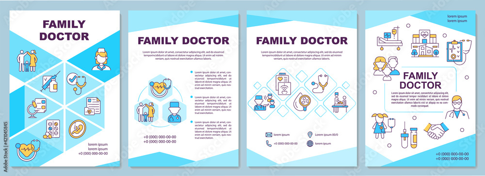 Family doctor brochure template. Medical treatment process. Flyer, booklet, leaflet print, cover design with linear icons. Vector layouts for presentation, annual reports, advertisement pages