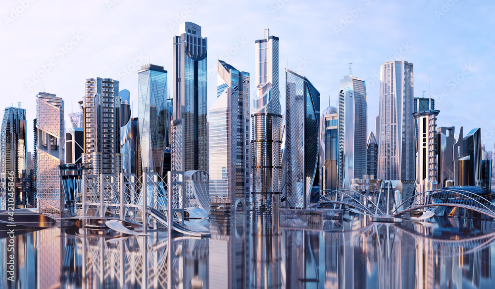 Future city skyline panorama 3D scene. Futuristic cityscape concept  illustration: modern skyscrapers, office high towers, city tall buildings.  Panoramic urban view of metropolis town, sky background Stock Illustration  | Adobe Stock