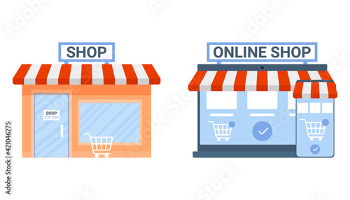 Offline and online shop, payment in store choice. Change business commerce on e-commerce. Shop in site vs shop in building. Vector flat illustration