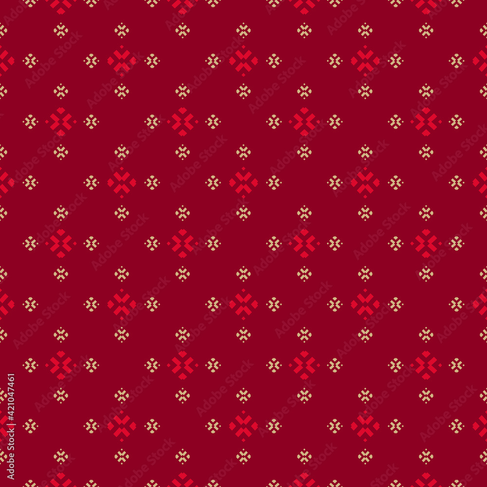 Vector minimalist background. Simple red and gold geometric floral seamless pattern with small flower silhouettes, diamond shapes, crosses. Luxury ornate abstract texture. Elegant repeatable design Vector minimalist background. Simple red and gold geometric floral seamless pattern with small flower silhouettes, diamond shapes, crosses. Luxury ornate abstract texture. Elegant repeatable design