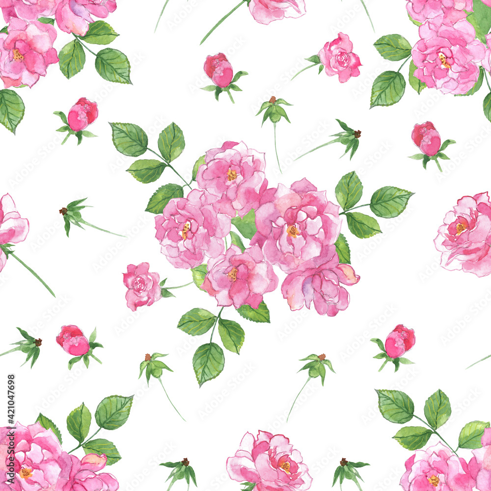 Floral seamless pattern. A bouquet of pink roses with green leaves on a white background. It can be used to create fabrics, wallpaper, and paper. Watercolour.