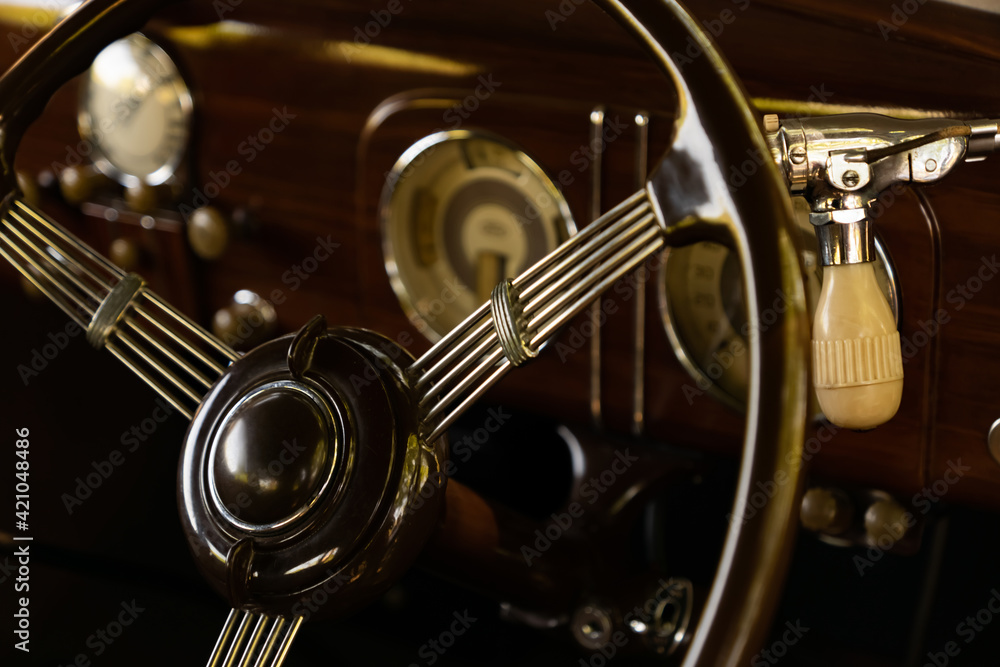 detail view of the dashboard of a old car