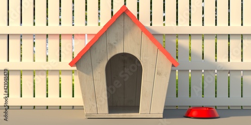 Quadro su tela Dog house at home backyard, wooden fence background