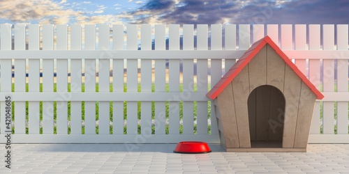 Quadro su tela Dog house at home backyard, wooden fence background