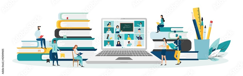 Home education concept. People study at home using a computer. Remote working. Video conference on laptop computer. Work from home and work from anywhere conceptVector illustration