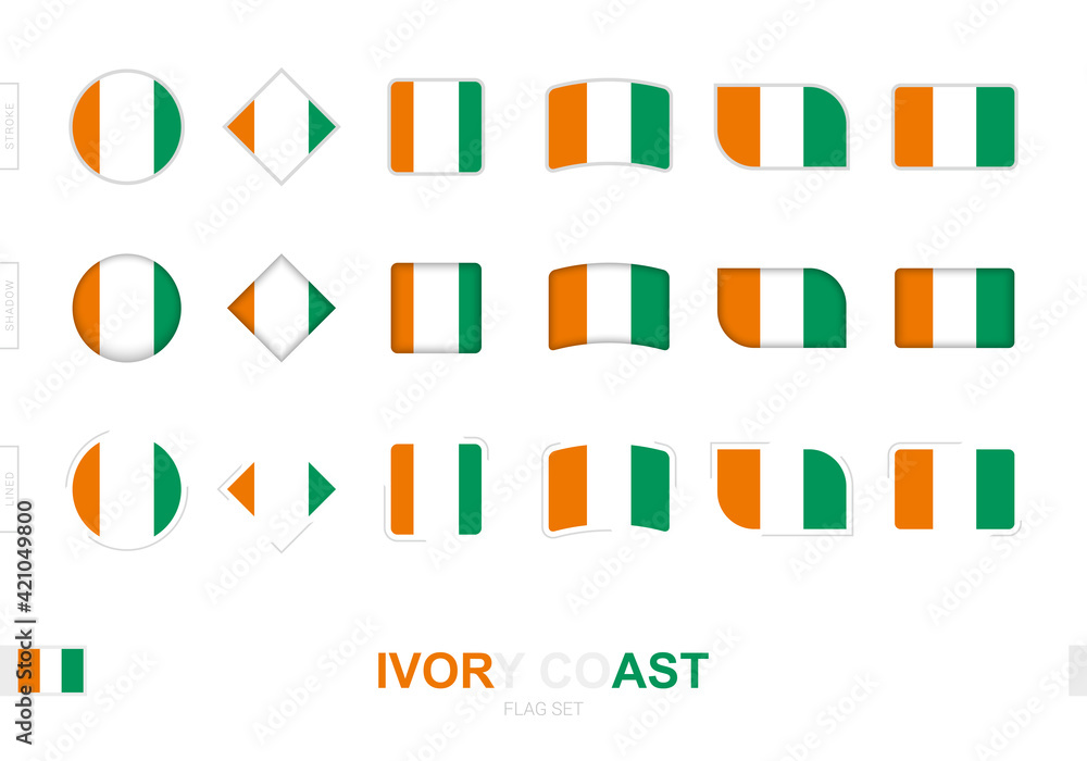 Ivory Coast flag set, simple flags of Ivory Coast with three different effects. Ivory Coast flag set, simple flags of Ivory Coast with three different effects.