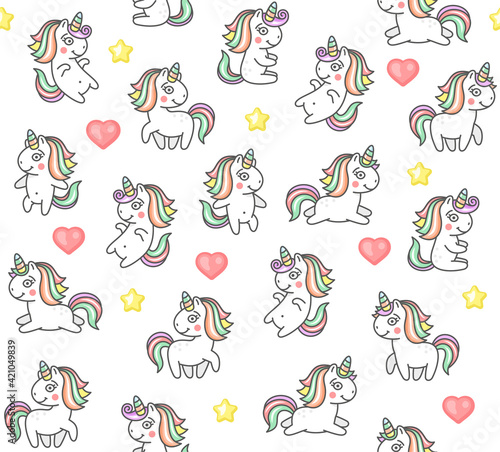 Cute Unicorns and Hearts Seamless Pattern on White Background. Vector
