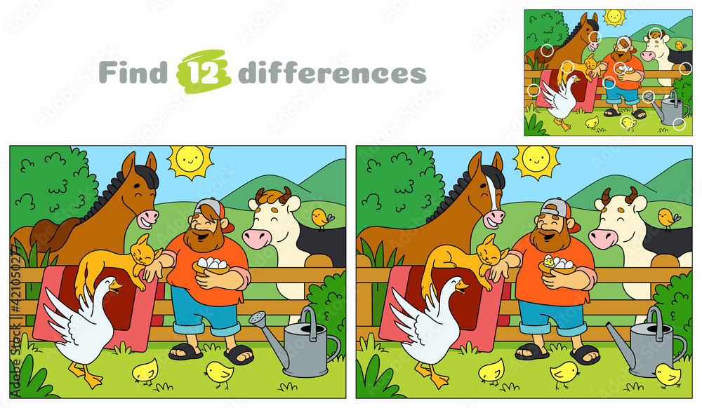 Obraz premium Funny farmer and his animals. A country man with a cow, a horse, a goose, chickens and a cat. Find 12 differences. Educational game for children. Cartoon vector illustration.