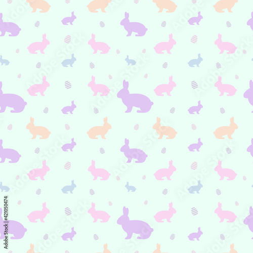 Seamless bunny pattern with eggs. Pastel hand drawn illustration. Vector bunny background.