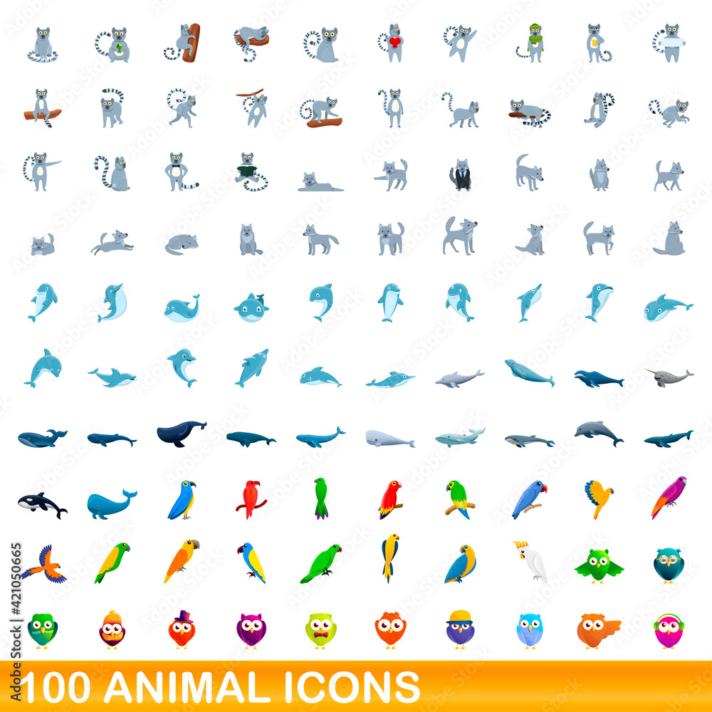 100 animal icons set. Cartoon illustration of 100 animal icons vector set isolated on white background