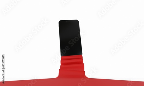 smartphone et tapis rouge sur fond blanc photo