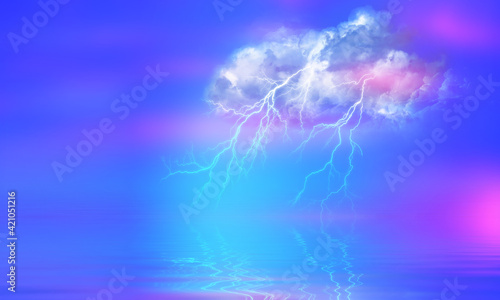 Thundercloud, sparkling lightning pass from the cloud against the blue sky. Reflection on the water. Seascape background with neon glow. 3d illustration © Laura Сrazy