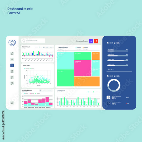 Dashboard to edit. Power bi. Graphs, bars, elements. Template.Business EPS10