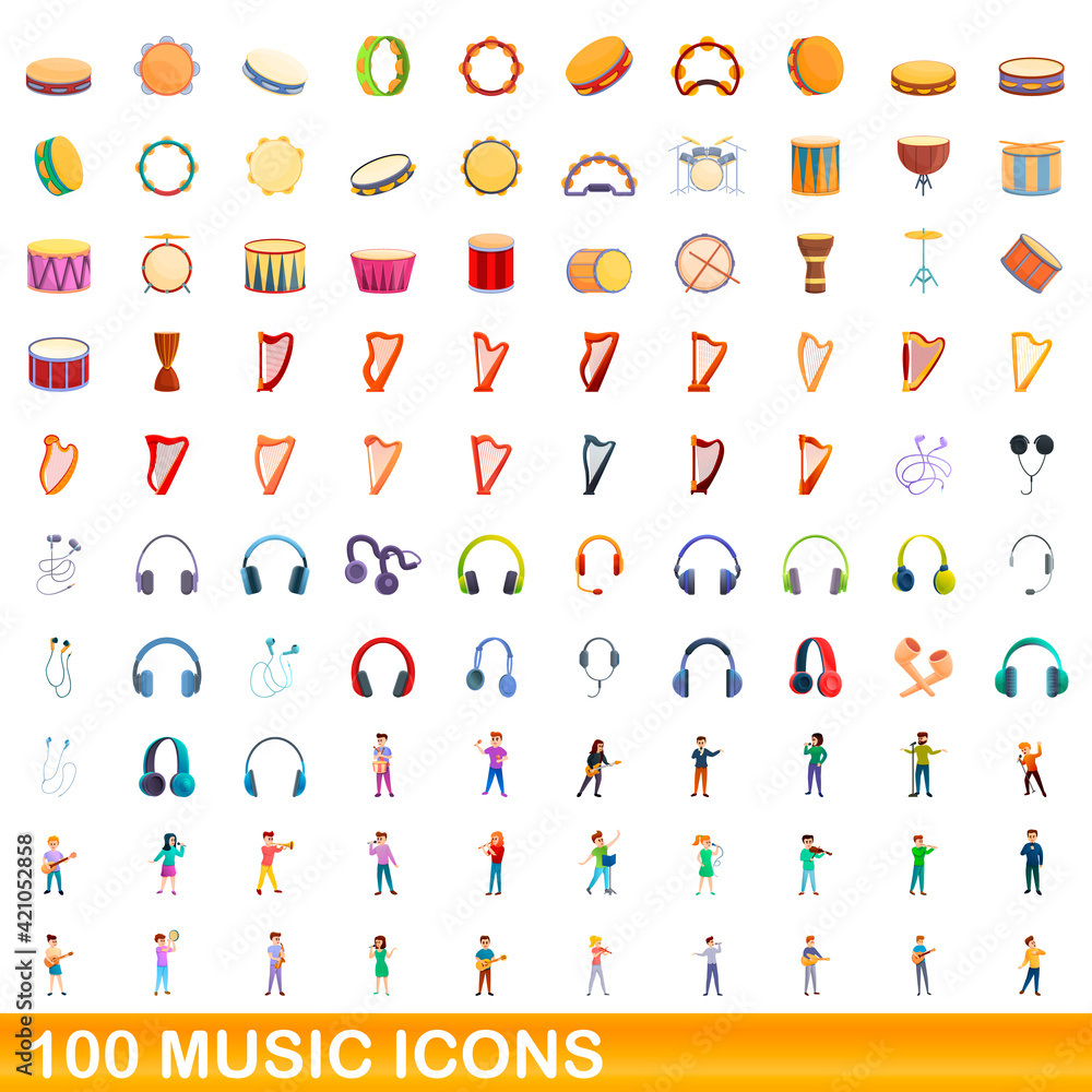 100 music icons set. Cartoon illustration of 100 music icons vector set isolated on white background 100 music icons set. Cartoon illustration of 100 music icons vector set isolated on white background